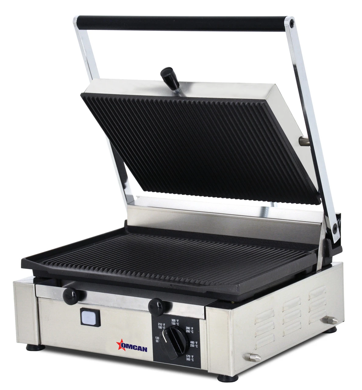 Omcan - Elite Series 10" X 14" Single Panini Grill W/ Grooved Top & Bottom - 11377 2 Omcan - Elite Series 10" X 14" Single Panini Grill W/ Grooved Top & Bottom - 11377 - Image 2
