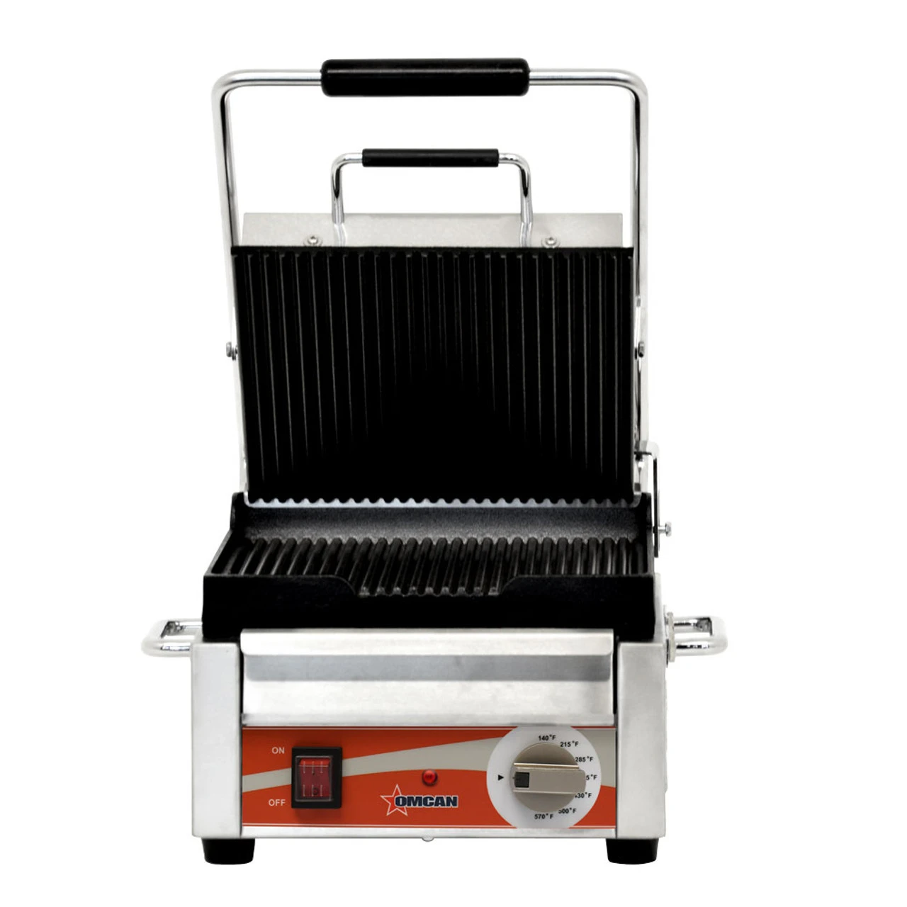 Omcan - 10" X 11" Single Panini Grill W/ Grooved Plates - 19935 1 Omcan - 10" X 11" Single Panini Grill W/ Grooved Plates - 19935