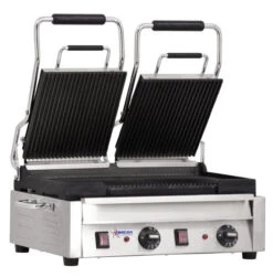 Omcan - 10" X 18" Double Panini Grill With Top And Bottom Grooved Grill Surface - 19937