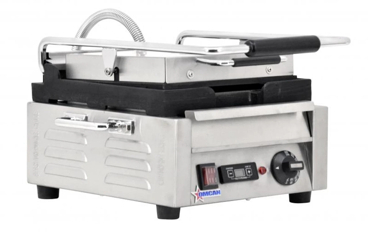 Omcan - 10" X 11" Single Panini Grill With Smooth Top And Bottom Grill Surface With Timer - 42909 2 Omcan - 10" X 11" Single Panini Grill With Smooth Top And Bottom Grill Surface With Timer - 42909 - Image 2
