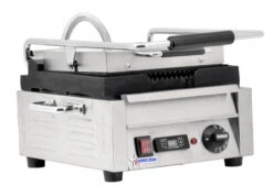 Omcan - 10" X 11" Single Panini Grill With Grooved Top And Bottom Grill Surface With Timer - 42910 -Kitchen Supplies Store 42910 sandwich grill closed 48218.1590844689