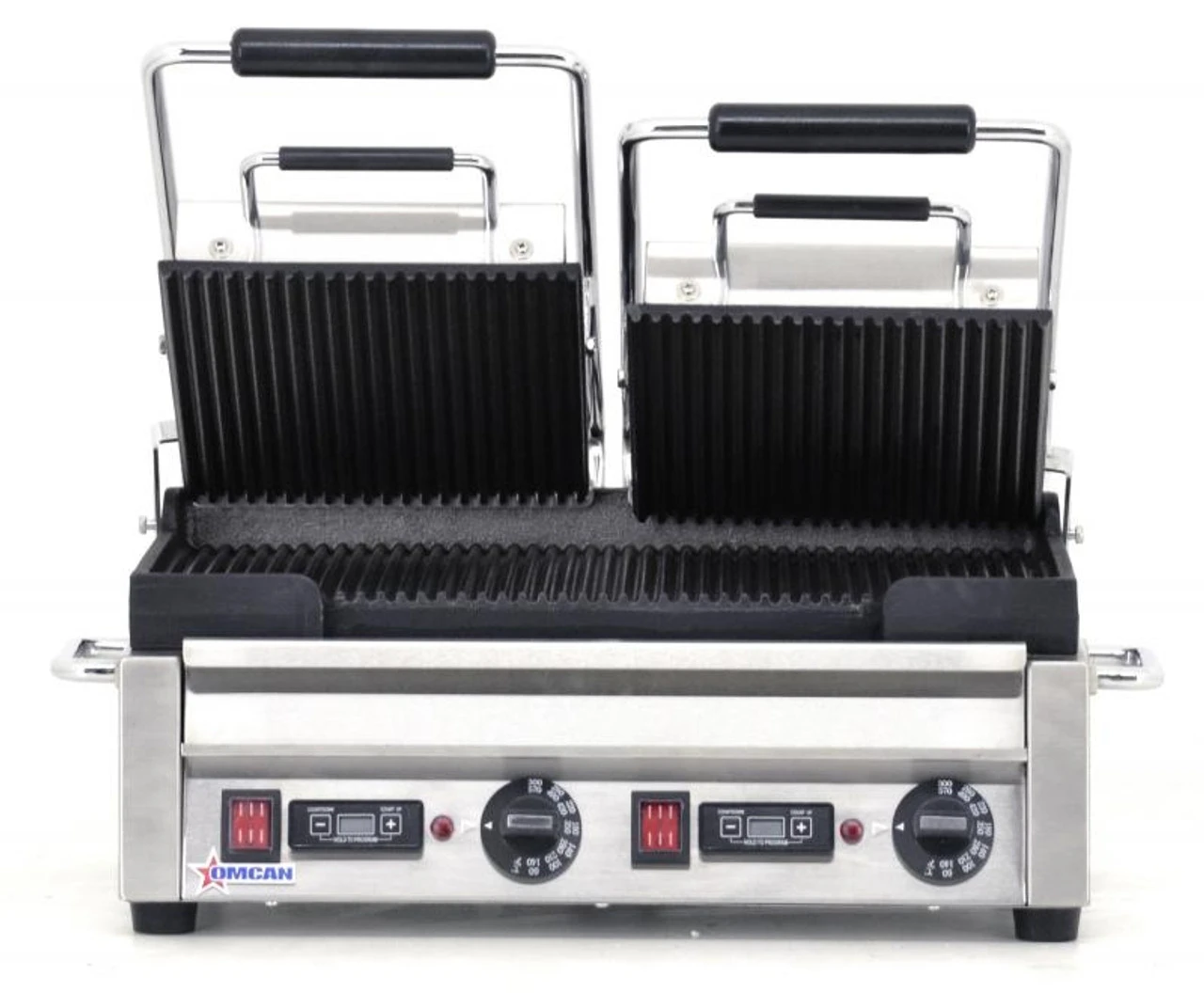 Omcan - 10" X 18" Double Panini Grill With Top And Bottom Grooved Grill Surface With Timer - 42914 2 Omcan - 10" X 18" Double Panini Grill With Top And Bottom Grooved Grill Surface With Timer - 42914 - Image 2