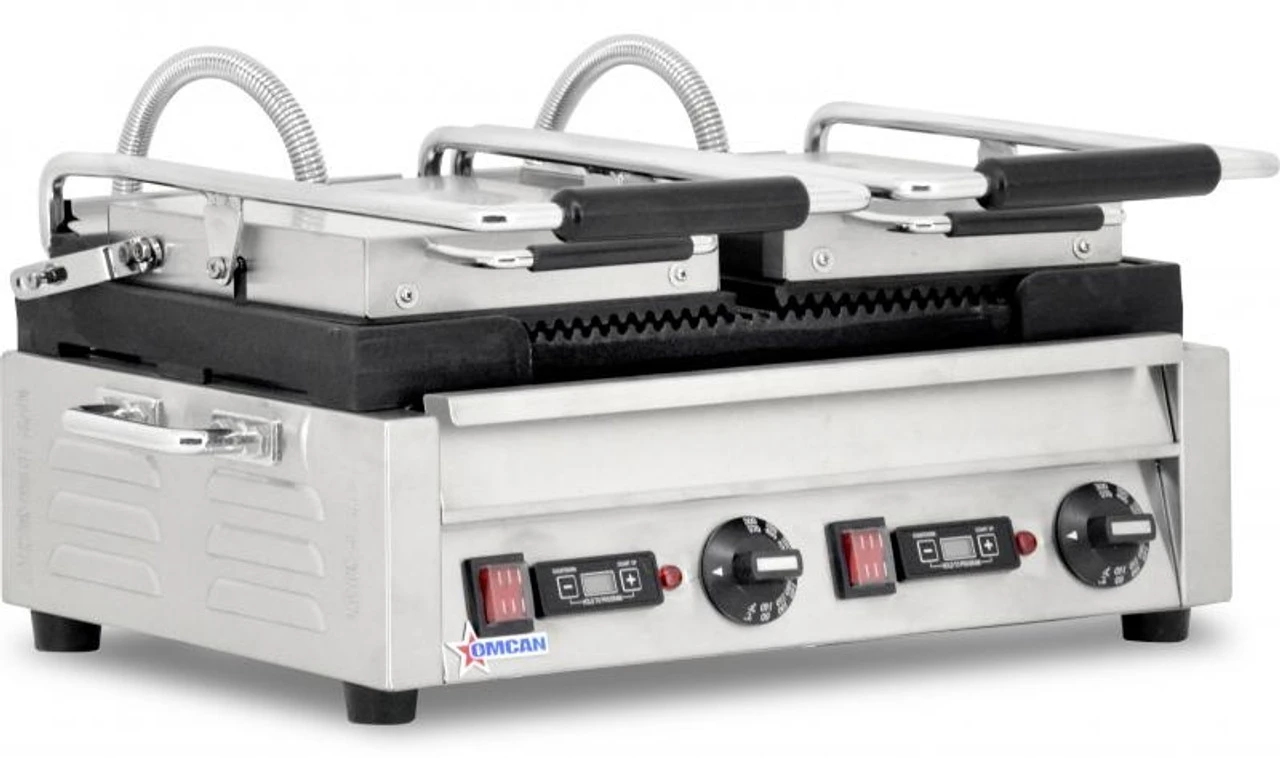 Omcan - 10" X 18" Double Panini Grill With Top And Bottom Grooved Grill Surface With Timer - 42914 3 Omcan - 10" X 18" Double Panini Grill With Top And Bottom Grooved Grill Surface With Timer - 42914 - Image 3