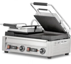 Omcan - 10" X 18" Double Panini Grill With Top And Bottom Grooved Grill Surface With Timer - 42914