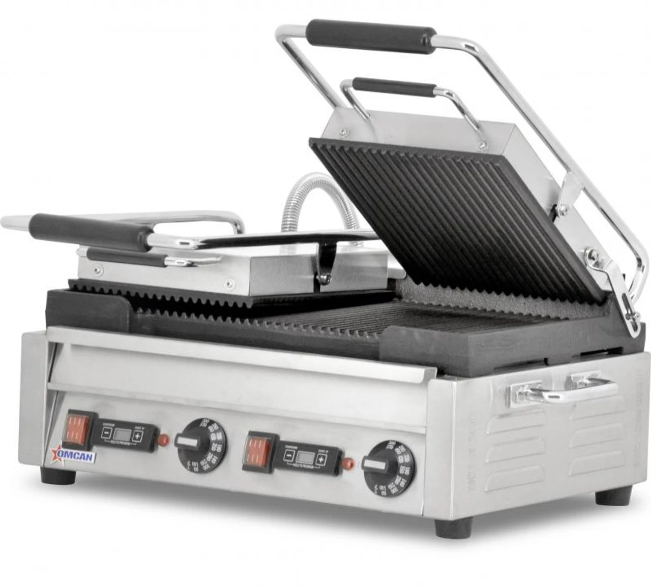 Omcan - 10" X 18" Double Panini Grill With Top And Bottom Grooved Grill Surface With Timer - 42914 1 Omcan - 10" X 18" Double Panini Grill With Top And Bottom Grooved Grill Surface With Timer - 42914