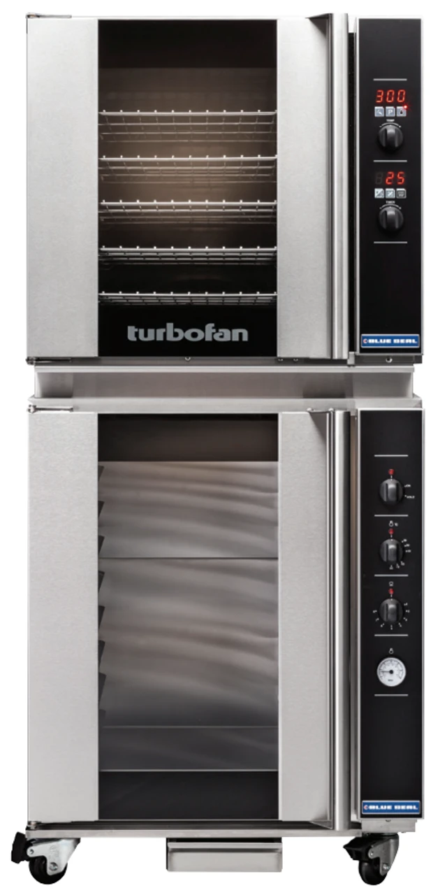 Turbofan - 29" Full Size Sheet Pan Digital Gas Convection Oven Double Stacked On An 8 Tray Manual Electric Proofer Holding Cabinet - G32D5/P8M 1 Turbofan - 29" Full Size Sheet Pan Digital Gas Convection Oven Double Stacked On An 8 Tray Manual Electric Proofer Holding Cabinet - G32D5/P8M