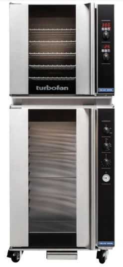 Turbofan - 29" Full Size Sheet Pan Digital Electric Convection Oven Double Stacked 208V On A Manual Electric Proofer And Holding Cabinet - E32D5/P12M
